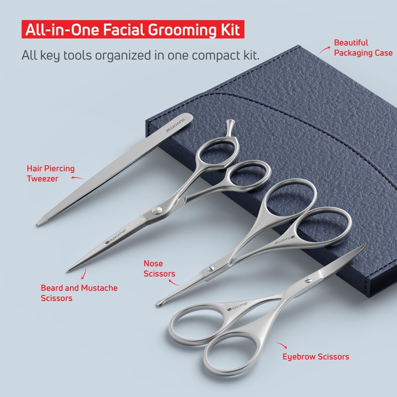 Suvorna Premium Beard & Mustache Set with Beard scissors for men - Facial Hair/Nose/Eyebrow Scissors - Slant Tweezers (4 Pcs Dark Blue) - Image 2